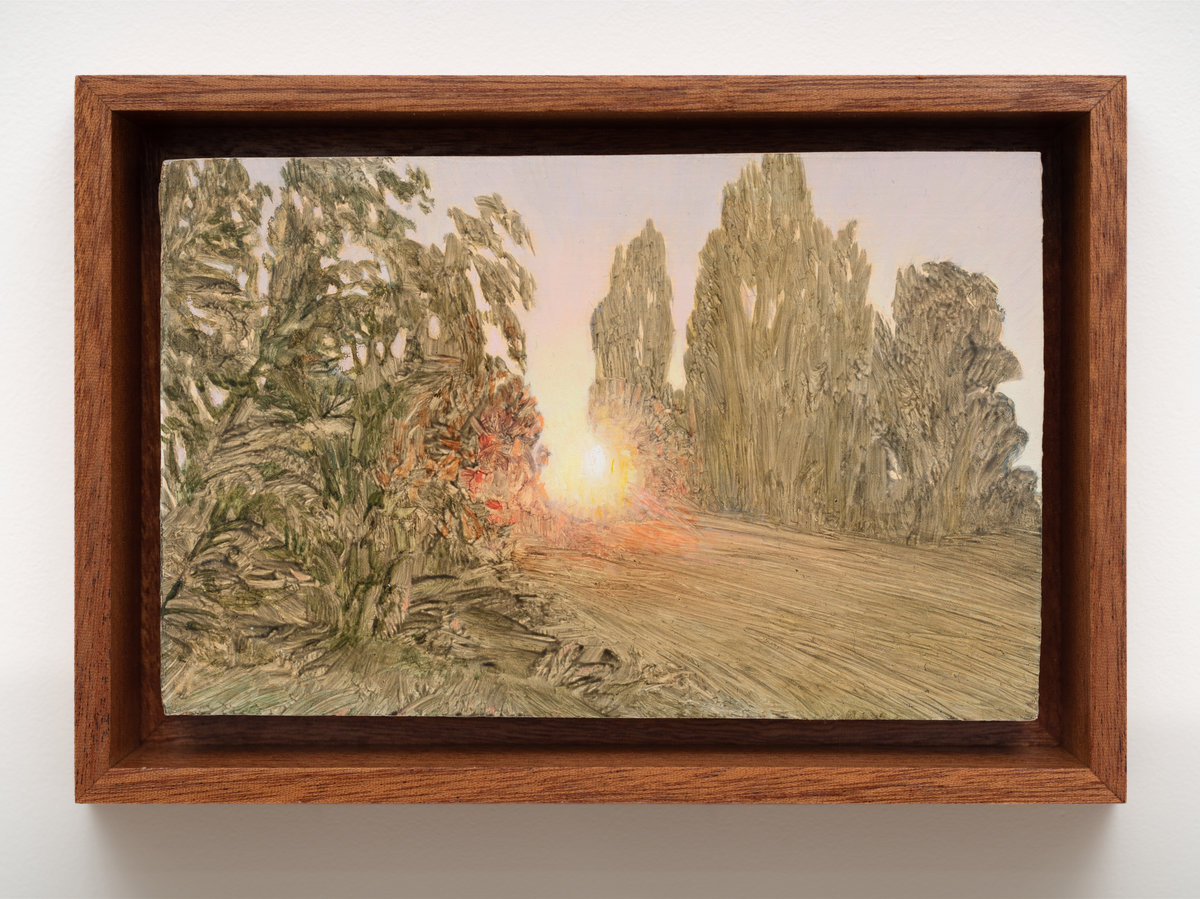 This image depicts a painting by Angela Lane titled 'Afterglow'. This artwork was created in 2022. Its medium is oil on birch plywood. This work was exhibited with Anat Ebgi Gallery in Los Angeles.