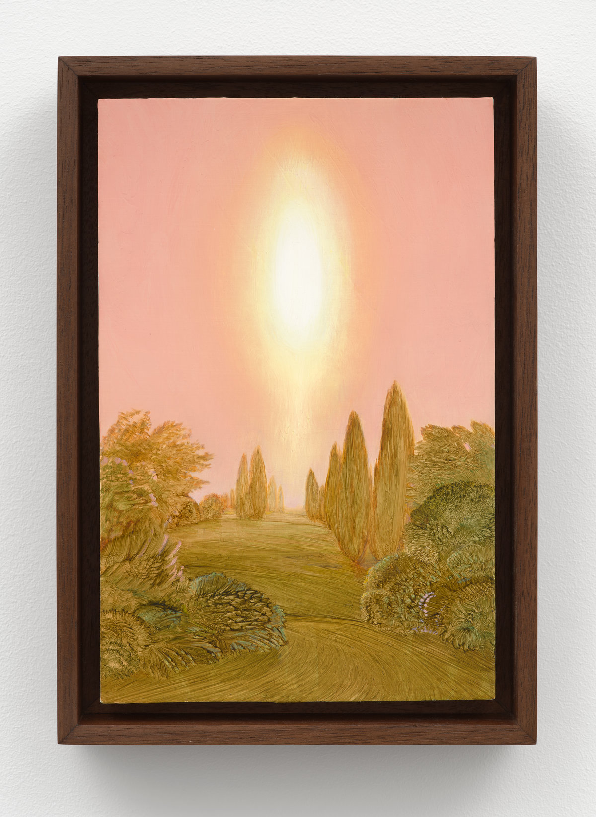 This image depicts a painting by Angela Lane titled 'Autoluminescence'. This artwork was created in 2024. Its medium is oil on birch plywood. This work was first exhibited in the exhibition 'Phantom Light' with Anat Ebgi Gallery in New York.