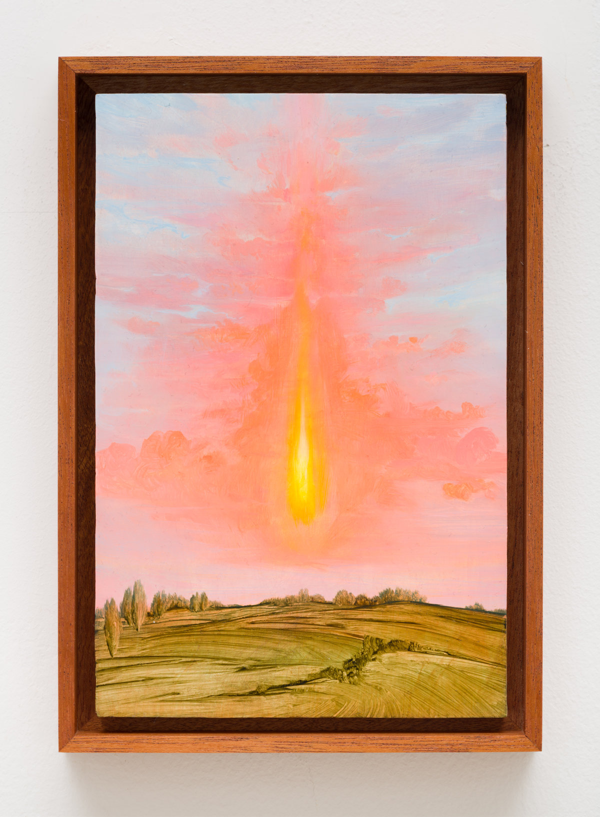 This image depicts a painting by Angela Lane titled 'Burning Sky'. This artwork was created in 2025. Its medium is oil on birch plywood. This work was exhibited in the exhibition 'After Image' with Anat Ebgi Gallery in Los Angeles.
