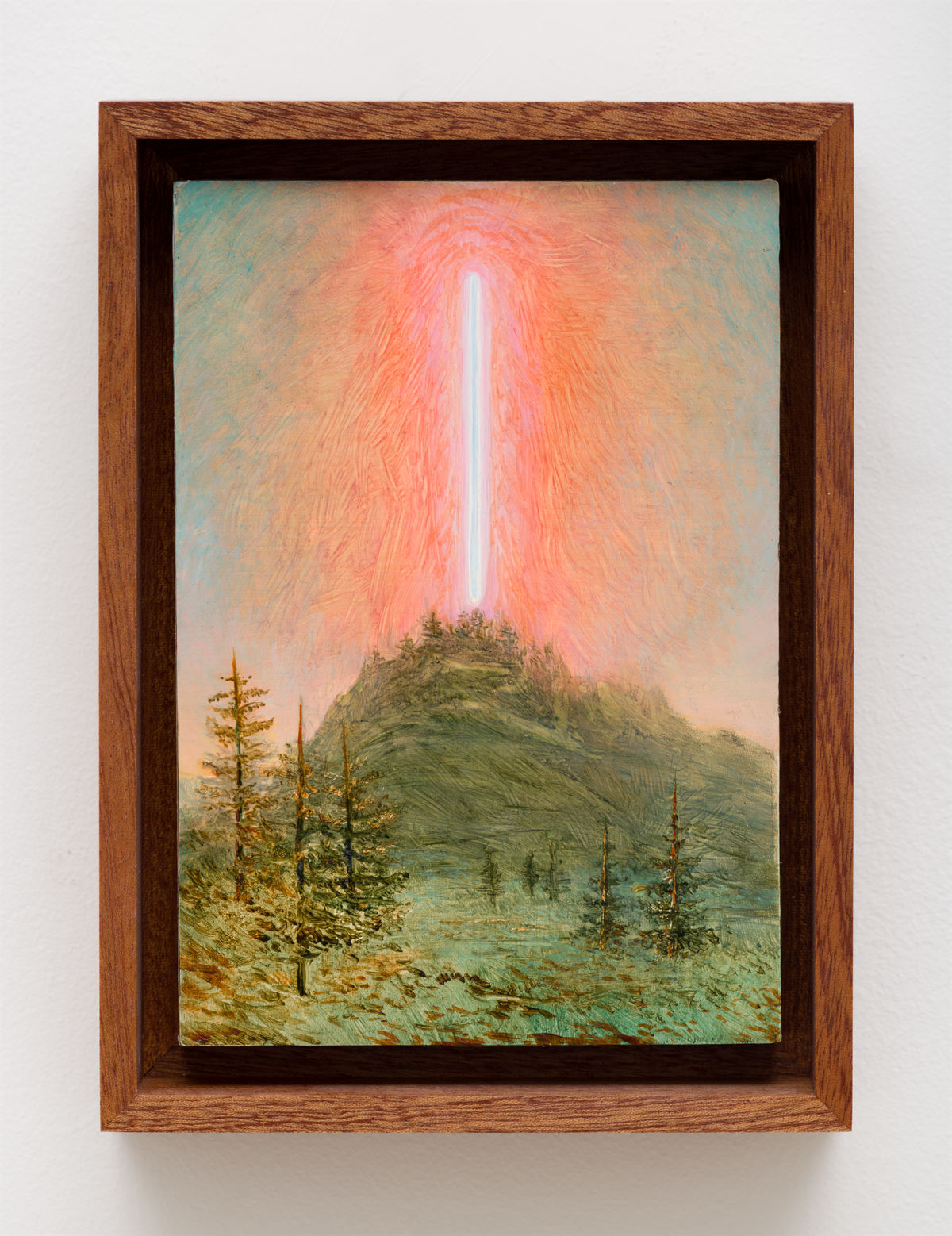 This image depicts a painting by Angela Lane titled 'Conduit (After K. S. L.)'. This artwork was created in 2026. Its medium is oil on birch plywood. This work was exhibited in the exhibition 'Phase Shift' with Anat Ebgi Gallery in Los Angeles.