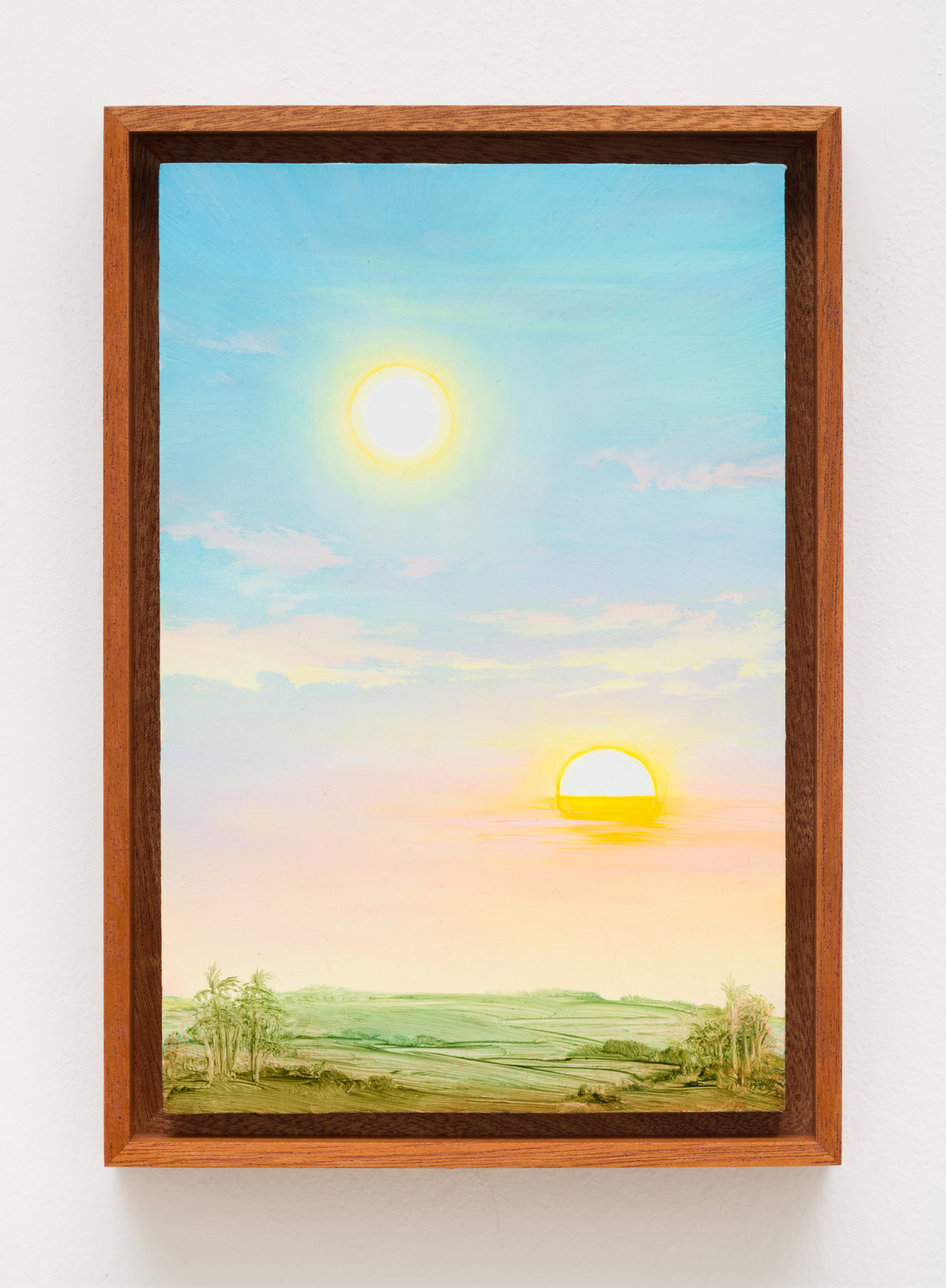 This image depicts a painting by Angela Lane titled 'Double Sunrise'. This artwork was created in 2025. Its medium is oil on birch plywood. This work was exhibited in the exhibition 'After Image' with Anat Ebgi Gallery in Los Angeles.