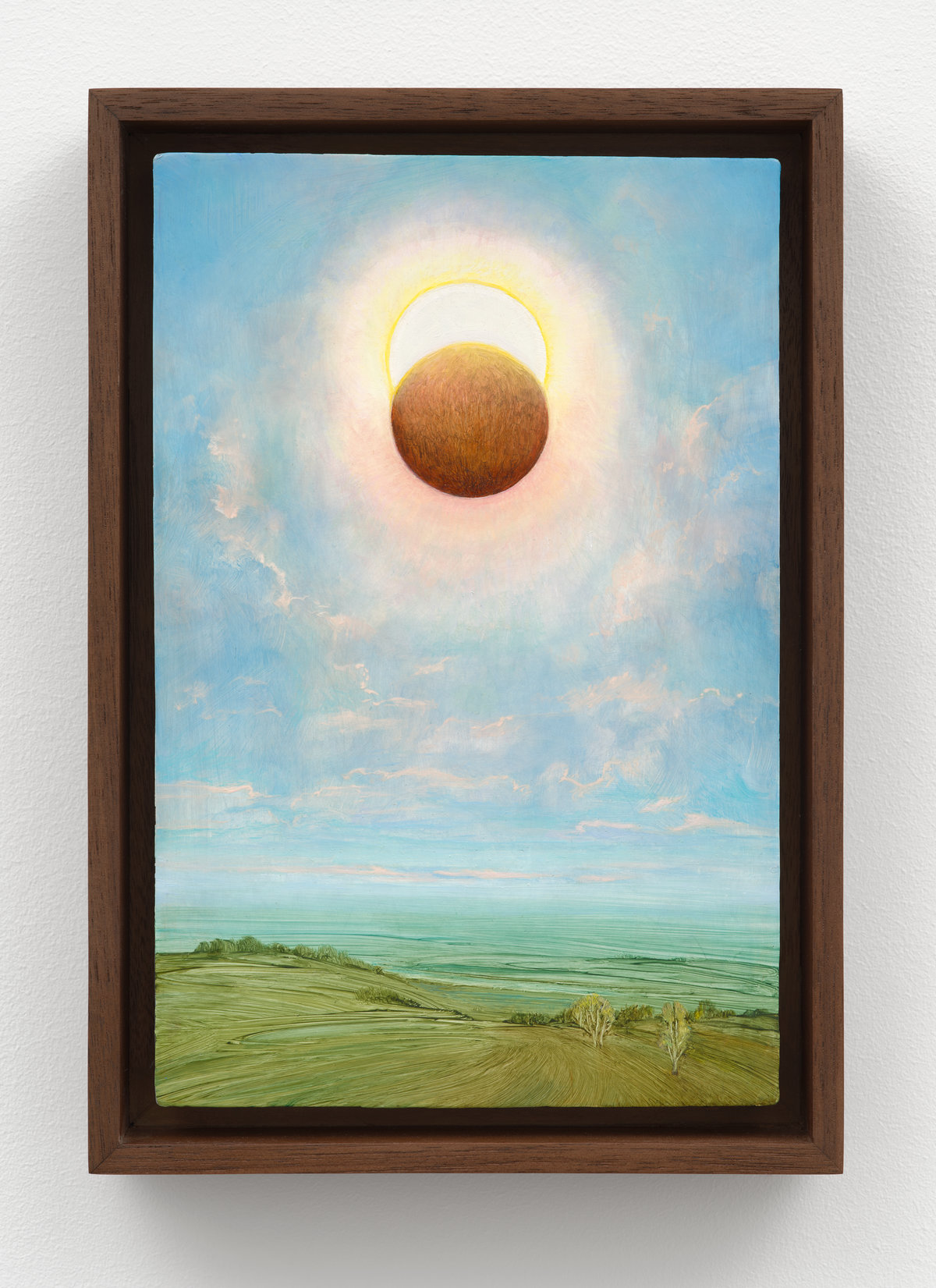 This image depicts a painting by Angela Lane titled 'First Phase'. This artwork was created in 2024. Its medium is oil on birch plywood. This work was first exhibited in the exhibition 'Phantom Light' with Anat Ebgi Gallery in New York.