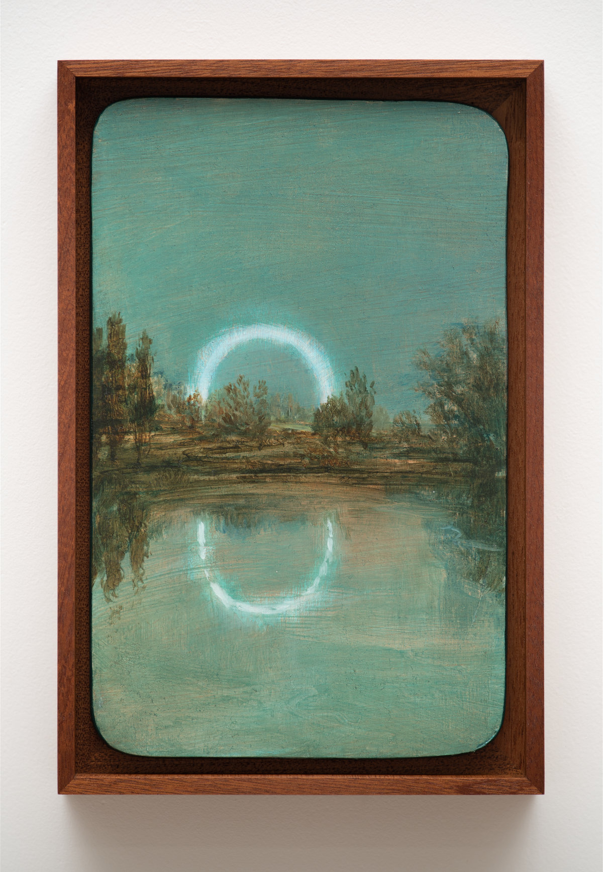 This image depicts a painting by Angela Lane titled 'Fogbow (After A. T.)'. This artwork was created in 2020. Its medium is oil on wood. This artwork was exhibited with Anat Ebgi Gallery in Los Angeles.