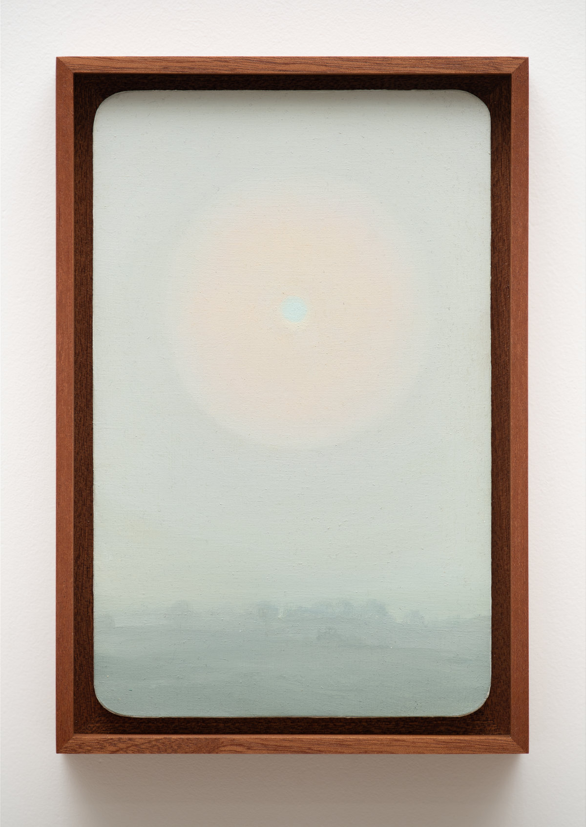 This image depicts a painting by Angela Lane titled 'Fogged Sun'. This artwork was created in 2016. Its medium is oil on wood. This work was exhibited with Anat Ebgi Gallery in Los Angeles.