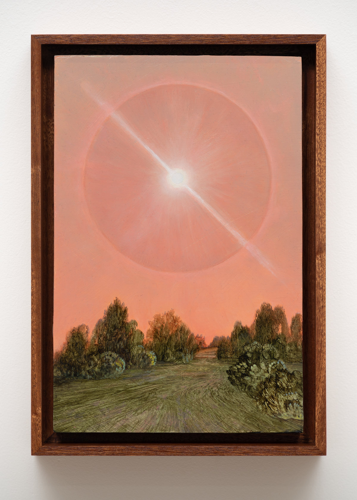 This image depicts a painting by Angela Lane titled 'Ghost Light'. This artwork was created in 2022. Its medium is oil on birch plywood. This work was exhibited with Anat Ebgi Gallery in Los Angeles.