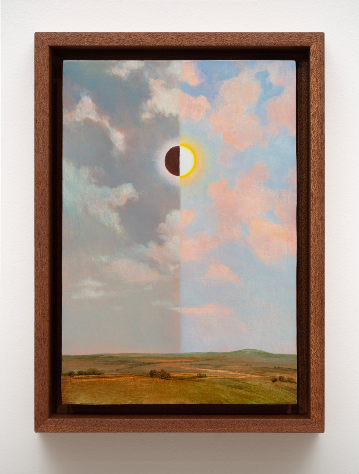 This image depicts a painting by Angela Lane titled 'Half Light'. This artwork was created in 2023. Its medium is oil on birch plywood. This work was first exhibited in the exhibition 'Phosphene' at City Gallery Wellington in New Zealand.