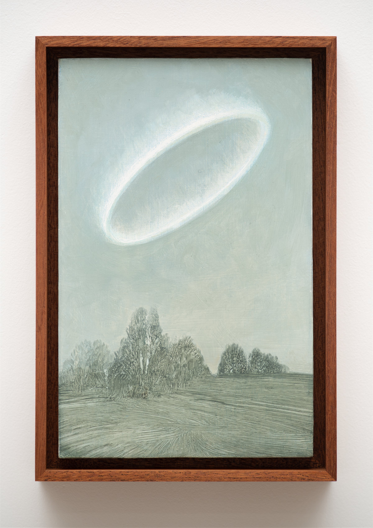 This image depicts a painting by Angela Lane titled 'Occurrence'. This artwork was created in 2021. Its medium is oil on birch plywood. This work was exhibited with Anat Ebgi Gallery in Los Angeles.