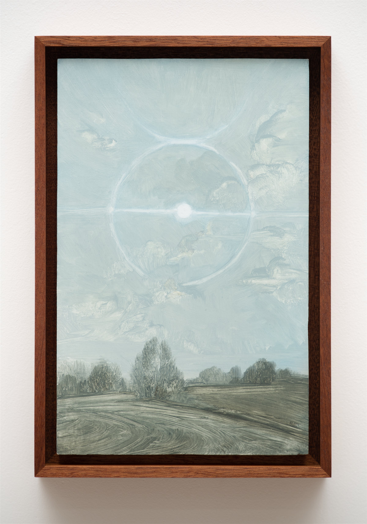 This image depicts a painting by Angela Lane titled 'Parhelic Circle'. This artwork was created in 2021. Its medium is oil on birch plywood. This work was exhibited with Anat Ebgi Gallery in Los Angeles.