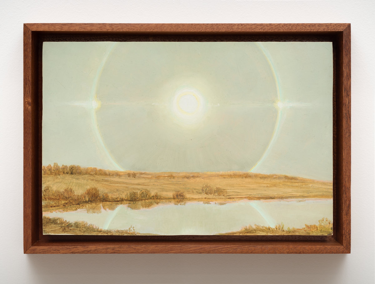 This image depicts a painting by Angela Lane titled 'Parhelion'. This artwork was created in 2022. Its medium is oil on birch plywood. This work was exhibited with Anat Ebgi Gallery in Los Angeles.