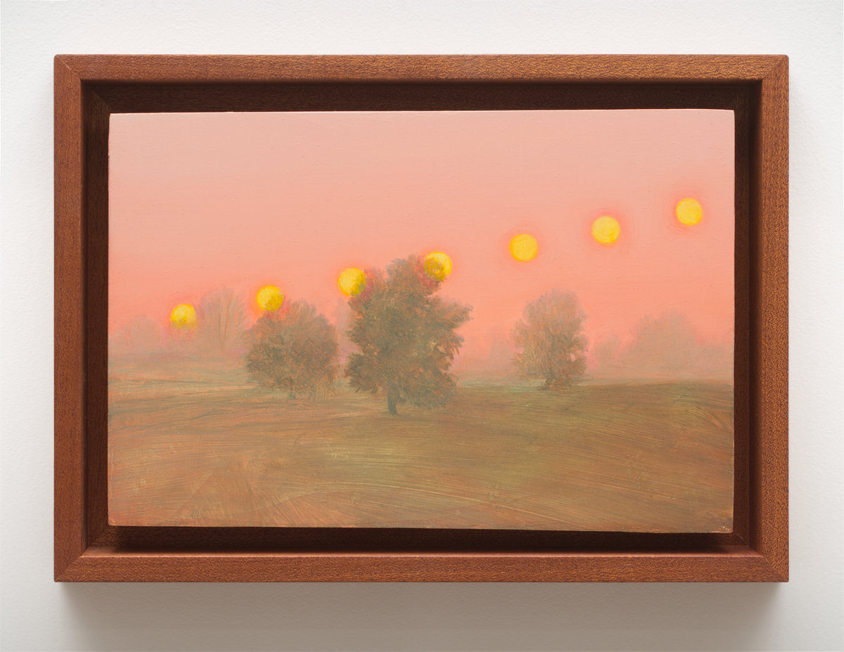 This image depicts a painting by Angela Lane titled 'Path of the Sun'. This artwork was created in 2023. Its medium is oil on birch plywood. This work was exhibited with Anat Ebgi Gallery in Los Angeles.