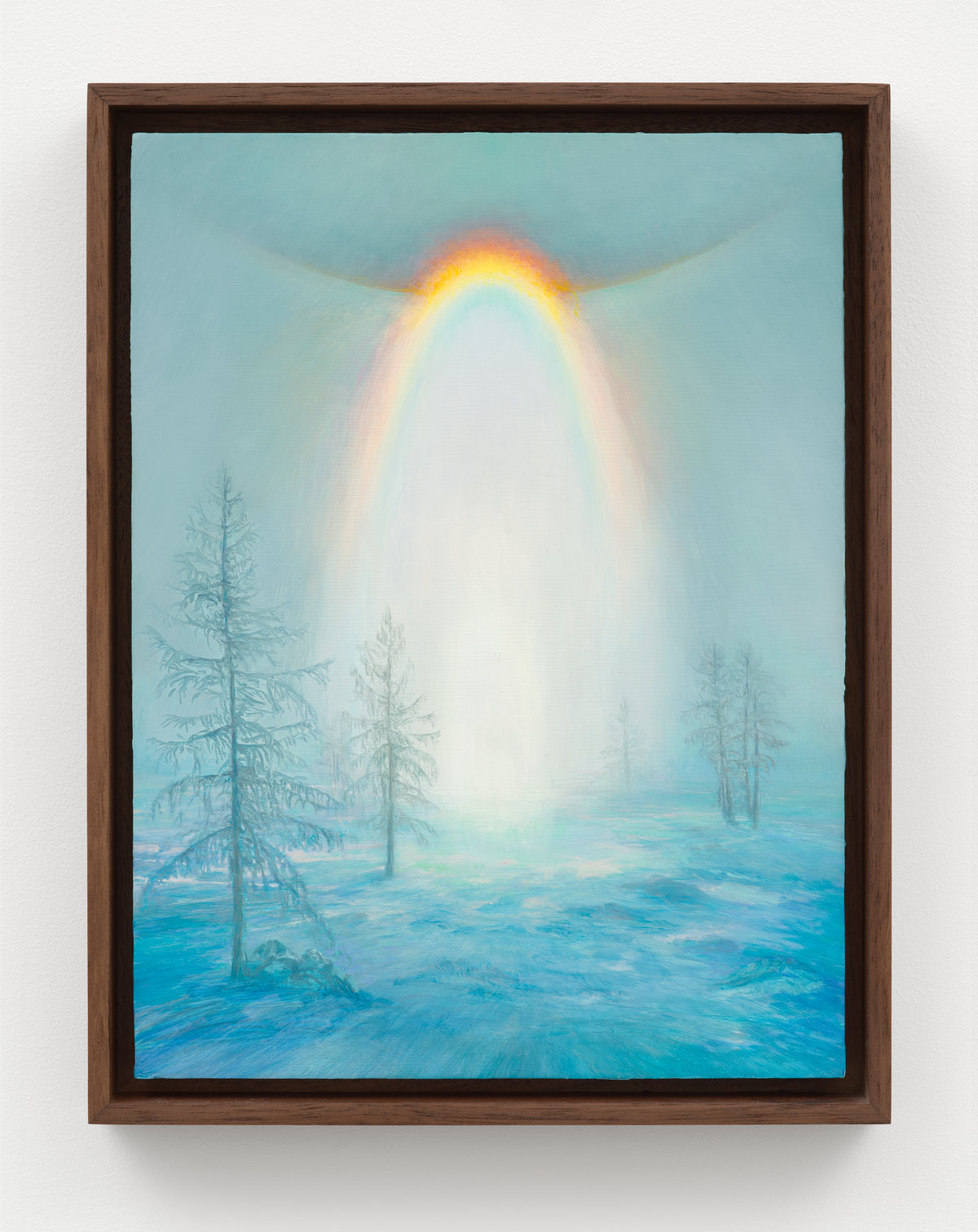 This image depicts a painting by Angela Lane titled 'Phantom Light'. This artwork was created in 2024. Its medium is oil on birch plywood. This work was first exhibited in the exhibition 'Phantom Light' with Anat Ebgi Gallery in New York.