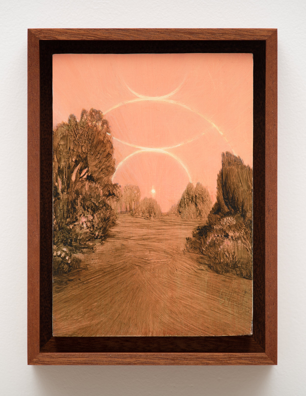 This image depicts a painting by Angela Lane titled 'Phantom Sun'. This artwork was created in 2021. Its medium is oil on birch plywood. This work was exhibited with Anat Ebgi Gallery in Los Angeles.