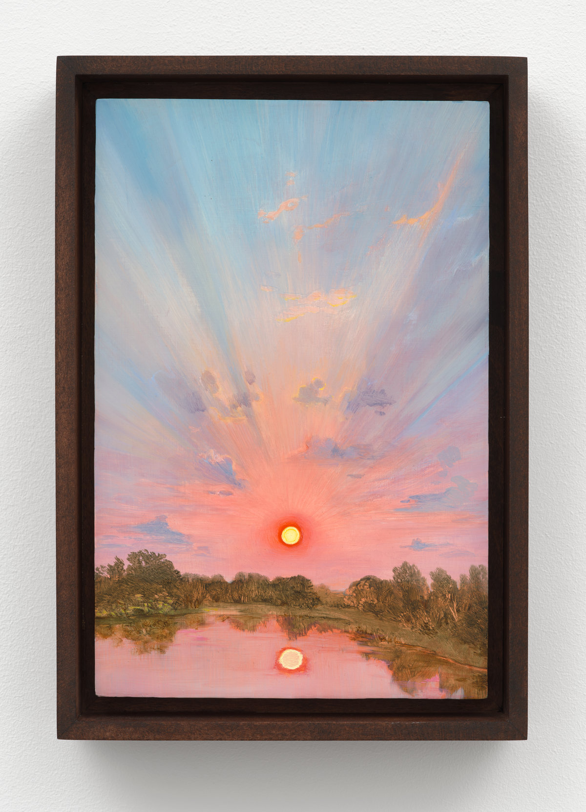This image depicts a painting by Angela Lane titled 'Setting Sun'. This artwork was created in 2024. Its medium is oil on birch plywood. This work was first exhibited in the exhibition 'Phantom Light' with Anat Ebgi Gallery in New York.