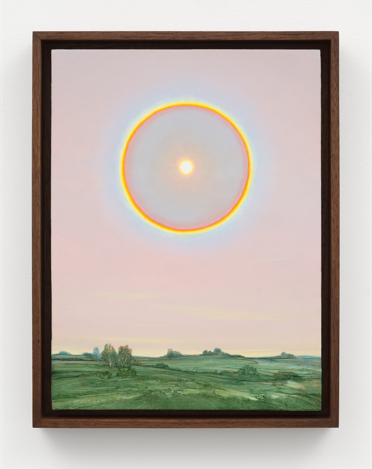 This image depicts a painting by Angela Lane titled 'Spectral Halo'. This artwork was created in 2024. Its medium is oil on birch plywood. This work was first exhibited in the exhibition 'Phantom Light' with Anat Ebgi Gallery in New York.