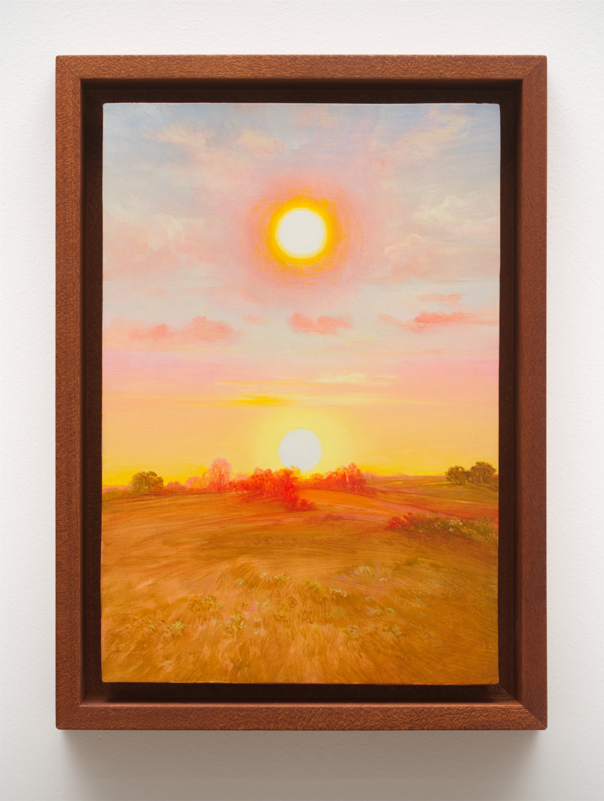This image depicts a painting by Angela Lane titled 'Supernatural Sunset'. This artwork was created in 2023. Its medium is oil on birch plywood. This work was exhibited with Anat Ebgi Gallery in Los Angeles.