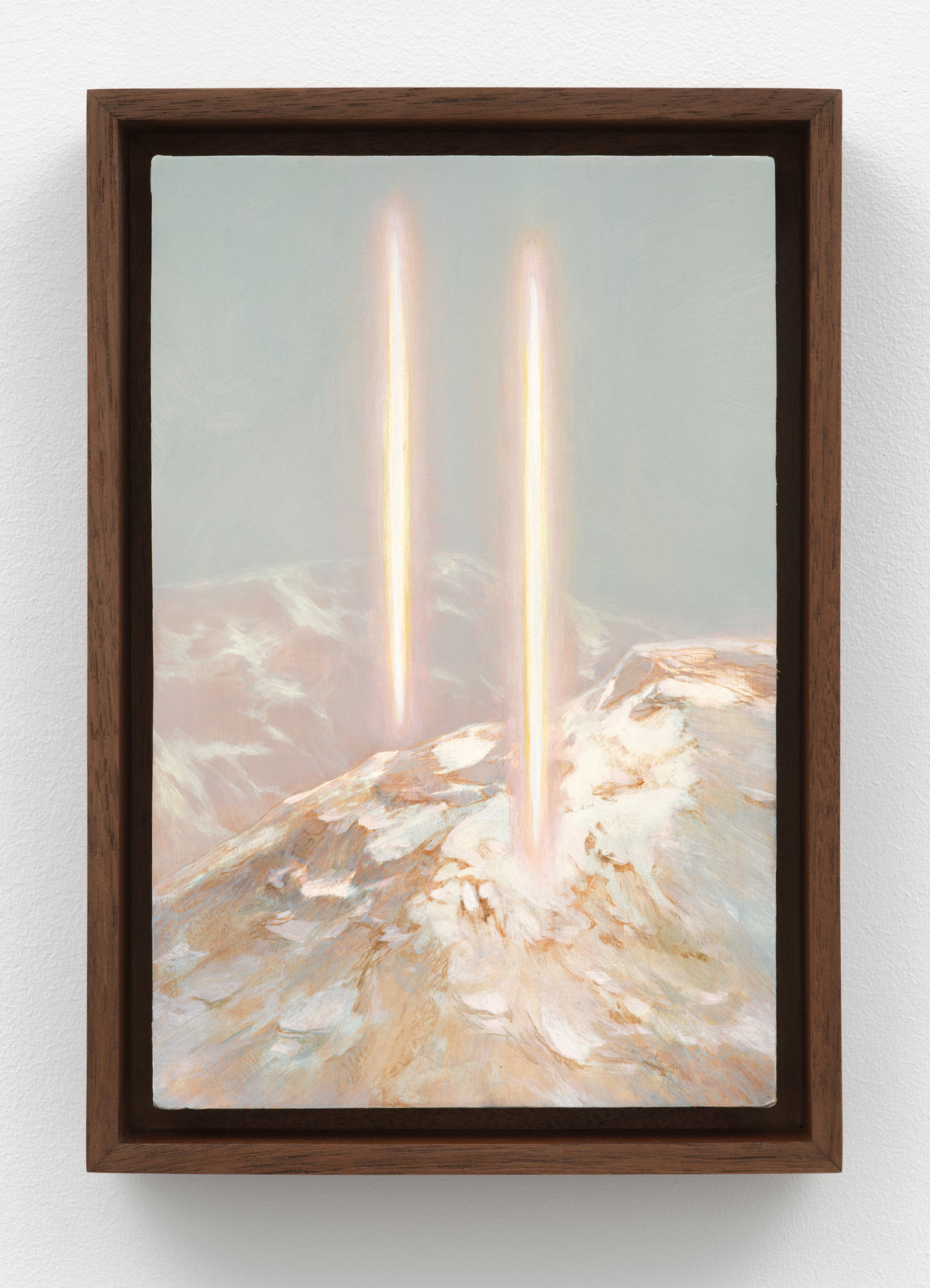 This image depicts a painting by Angela Lane titled 'Transmission'. This artwork was created in 2024. Its medium is oil on birch plywood. This work was first exhibited in the exhibition 'Phantom Light' with Anat Ebgi Gallery in New York.