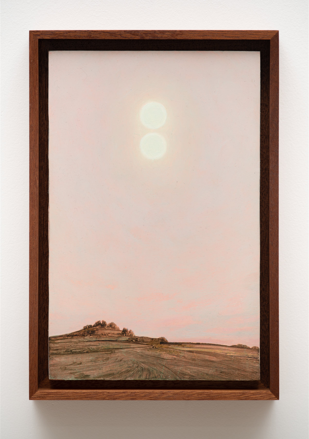 This image depicts a painting by Angela Lane titled 'Twin Sun'. This artwork was created in 2021. Its medium is oil on birch plywood. This work was exhibited with Anat Ebgi Gallery in Los Angeles.